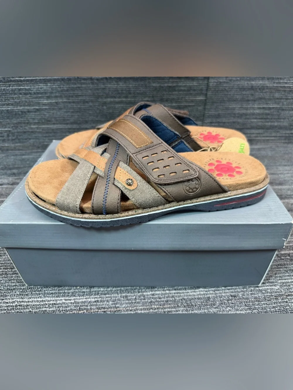 Spring Step Hazman Leather Casual Brown/Blue Multi-Texture Slide Sandals 10.5-11
